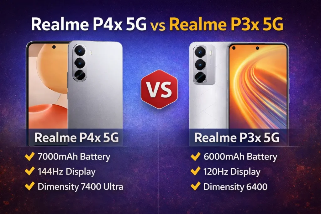 Realme P4x 5G vs Realme P3x 5G comparison showing design and specifications difference