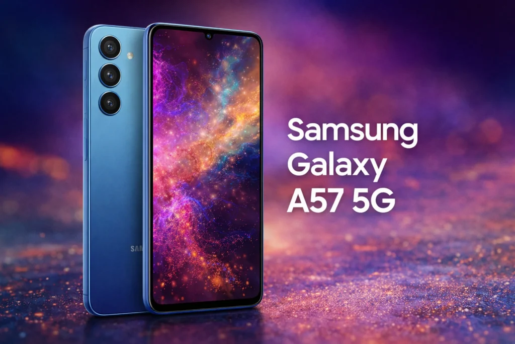 Samsung Galaxy A57 5G smartphone front and back design with AMOLED display and triple camera