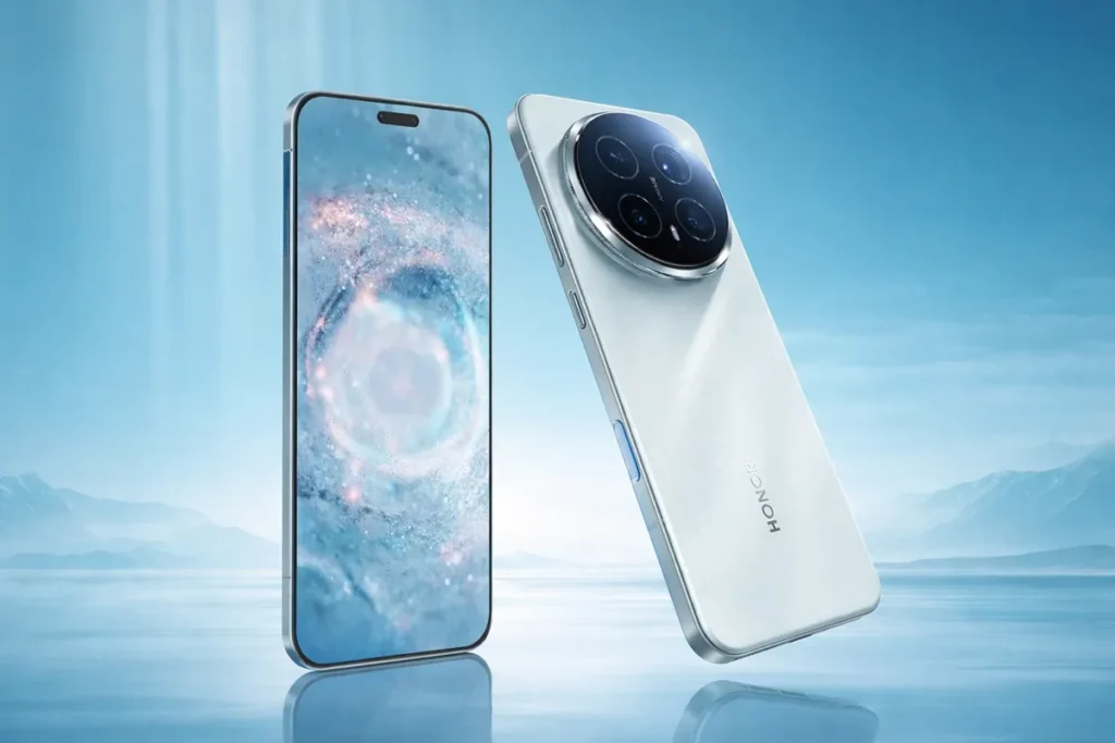 Honor Magic 8 smartphone showing flagship design, OLED display and triple camera system