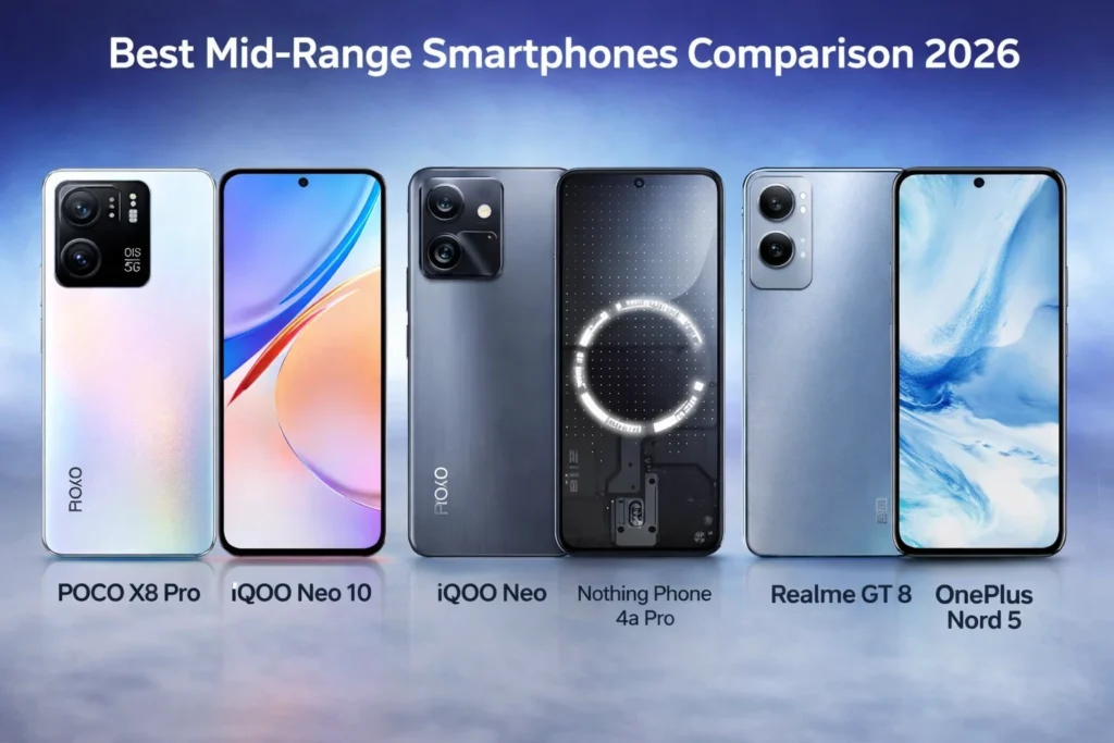 POCO X8 Pro vs iQOO Neo 10 vs Nothing Phone 4a Pro vs Realme GT 8 vs OnePlus Nord 5 smartphone comparison