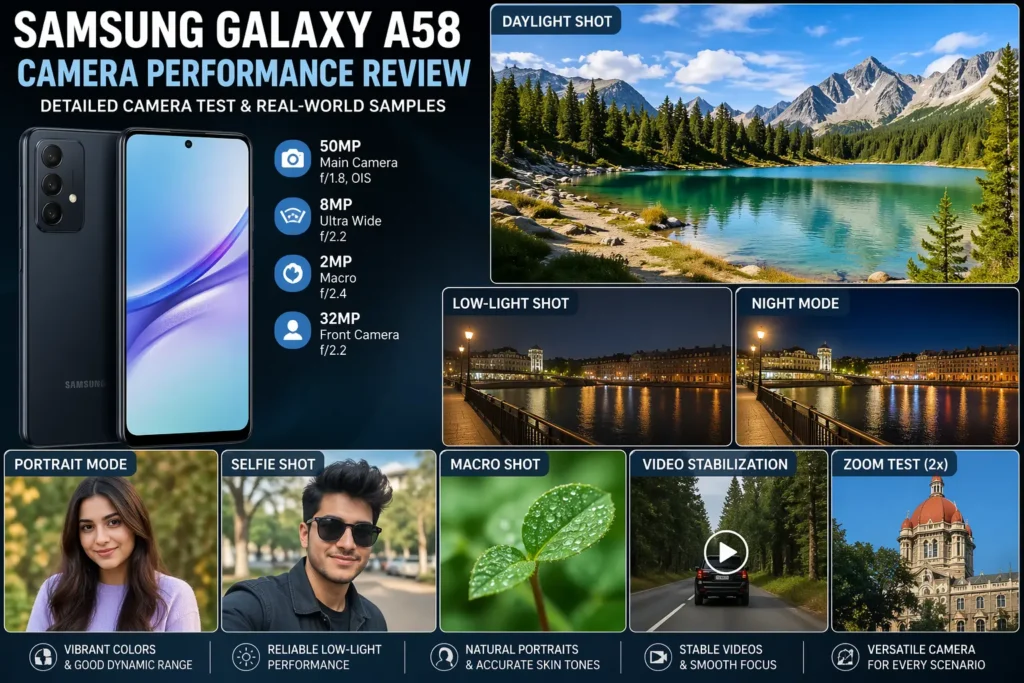 Samsung Galaxy A58 camera review showing daylight, low light and portrait performance